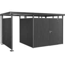 Trädgårdsskjul med skjutdörr och sidoelement