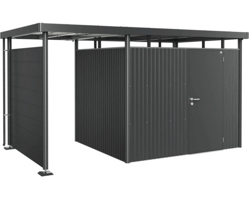 Trädgårdsskjul med skjutdörr och sidoelement