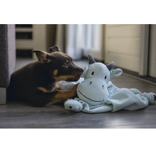 En valp interagerar med ett gosedjur.