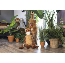 Scen med gosedjur, krukväxter och en hund