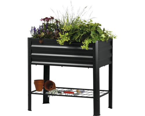 Upphöjd rabatt med växter, förvaringsutrymme, planteringskärl och trädgårdsredskap.