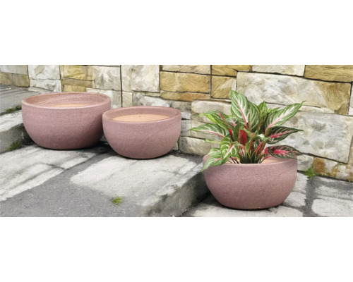 Tre runda lerkrukor i olika storlekar med växt