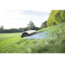 Robotgräsklippare på en gräsmatta med en lutning på 45 procent