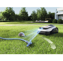 Robotgräsklippare på en gräsmatta med en trädgårdsslang och en igelkott