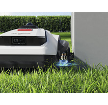 Robotgräsklippare på gräsmatta nära en vägg