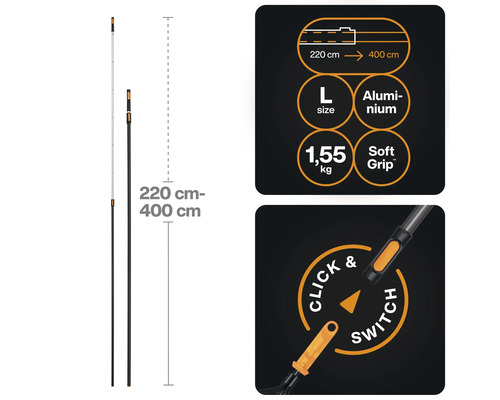 Teleskopstång, längd 220 till 400 centimeter med mjukt grepp
