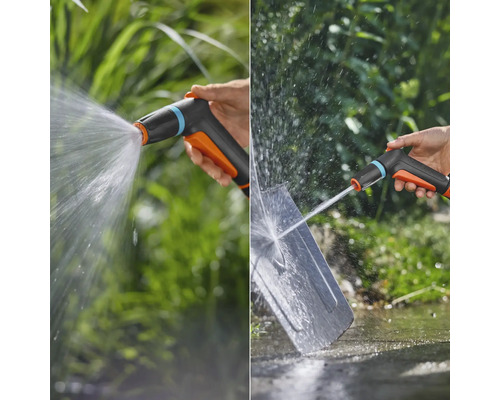 Trädgårdssprutpistol som används för att rengöra en spade och vattna växter