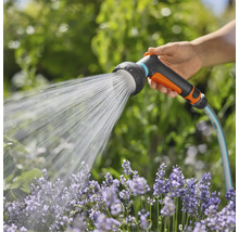 En hand håller en trädgårdsslang med duschhuvud som sprutar vatten på blommor.