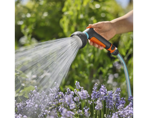 En hand håller en trädgårdsslang med duschhuvud som sprutar vatten på blommor.