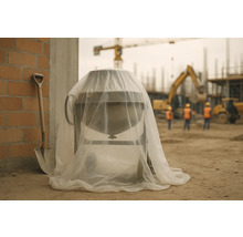 Betongblandare med skyddsfolie på en byggarbetsplats, bredvid en spade.