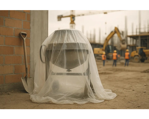 Betongblandare med skyddsfolie på en byggarbetsplats, bredvid en spade.