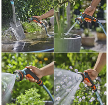 Collage av olika användningsområden för ett trädgårdsduschhuvud