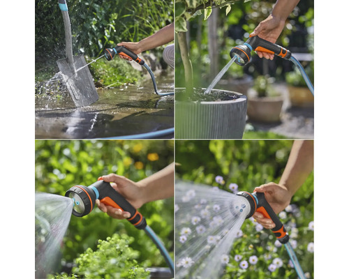 Collage av olika användningsområden för ett trädgårdsduschhuvud