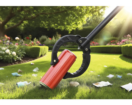 Griptång som plockar upp en burk i trädgården