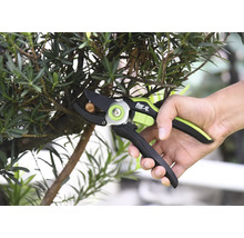 En person klipper en gren med en sekatör av märket For Q.