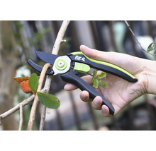 En person håller en trädgårdssax när de klipper en gren.