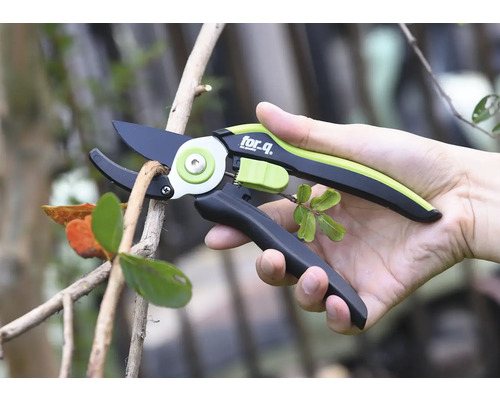 En person håller en trädgårdssax när de klipper en gren.