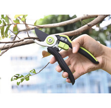 Person håller en trädgårdssax av märket for_q medan den beskär en gren.