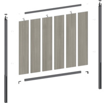 Sprängskiss av ett stängselelement med stolpar, tvärstag och fyllningsprofiler.