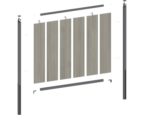 Sprängskiss av ett stängselelement med stolpar, tvärstag och fyllningsprofiler.