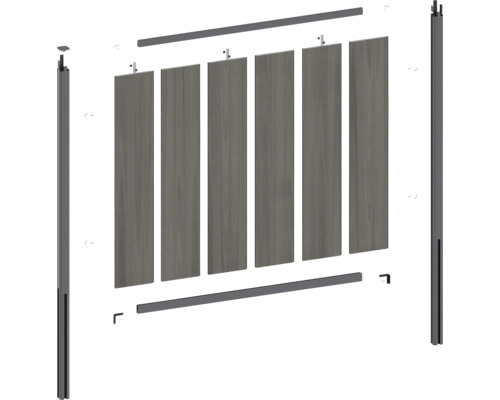 Enskilda delar av ett staket med stolpar, tvärbalkar och lameller