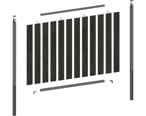 Sprängskiss av ett stängselelement med stängselstolpar och lameller