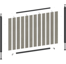 Sprängskiss av ett staket system med stolpar, lameller och monteringsmaterial