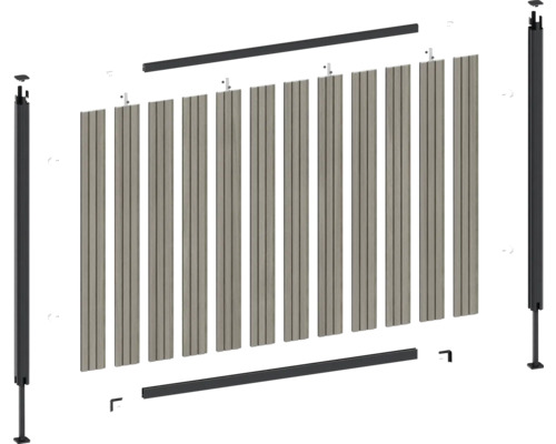Sprängskiss av ett staket system med stolpar, lameller och monteringsmaterial