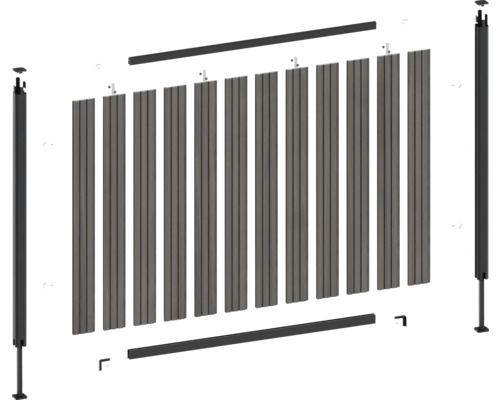 Sprängskiss av ett insynsskydd med stolpar och lameller