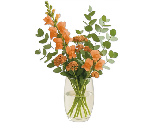 Blomsterarrangemang med lejongap och eukalyptus i glasvas