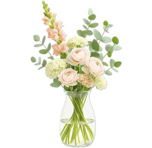 Blombukett med rosor och grönt i glasvas