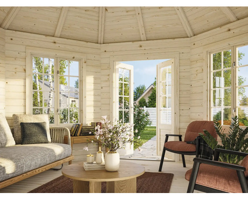 Trädgårdshus i trä med möbler, fönster och dubbeldörr