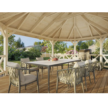 Paviljong med matbord, stolar och grill för utomhusbruk