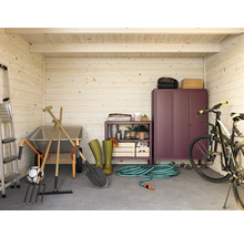 Ljust trädgårdsskjul med skottkärra, trädgårdsredskap, hylla och cykel