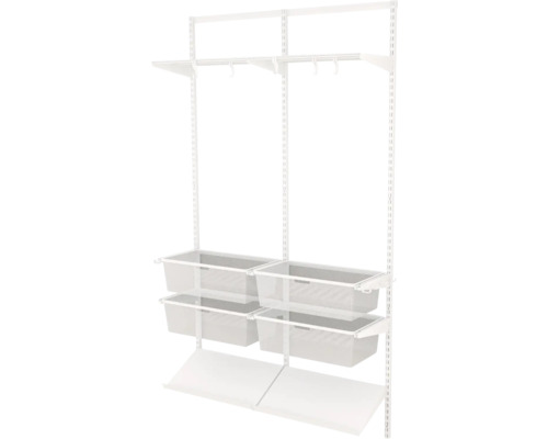 Hyllsystem med metallkorgar och hyllplan