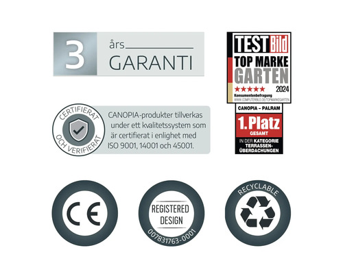 Symboler för tre års garanti, Test Bild Top Marke Garten 2024-pris, ISO-certifiering, CE-märkning, registrerad design och återvinningsbar.