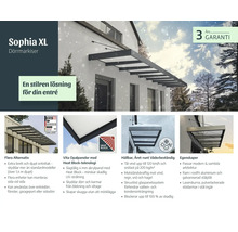 Sophia XL dörrmarkis av aluminium och opalvita paneler. Infografik med detaljer om väderbeständighet, Heat Block-logotyp och garanti.