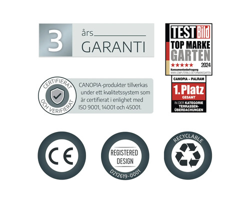 3 års garanti, Top Marke Garten 2024 första plats för altantak, ISO-certifierad, CE-märkning, registrerad design och återvinningsbar.