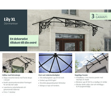 Lily XL dörrmarkis i retrostil med svart aluminiumkonstruktion och klara paneler ovanför en entrédörr, inkluderar tre års garanti.