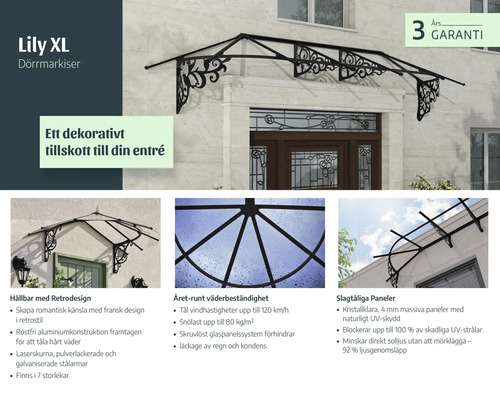 Lily XL dörrmarkis i retrostil med svart aluminiumkonstruktion och klara paneler ovanför en entrédörr, inkluderar tre års garanti.