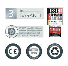 3 års garanti, Top Marke Garten 2024 första plats för altantak, ISO-certifierad, CE-märkning, registrerad design och återvinningsbar.