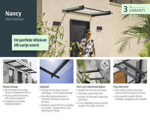 Infografik för Nancy dörrmarkis ovanför en entré med modern design, solskydd, väderbeständighet och 3 års garanti.