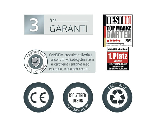 3 års garanti, utmärkelse Test Bild Top Marke Garten 2024, ISO-certifierad, CE-märkning, registrerad design och återvinningsbar.