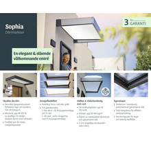 Infoblad för Sophia dörrmarkis med detaljer om design, väderbeständighet, 3 års garanti och integrerat hängrannasystem vid en entré.