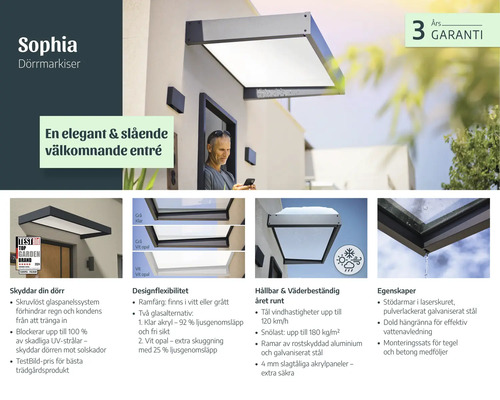 Infoblad för Sophia dörrmarkis med detaljer om design, väderbeständighet, 3 års garanti och integrerat hängrannasystem vid en entré.