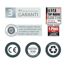 Symboler för tre års garanti, Test Bild Top Marke Garten 2024-pris, ISO-certifiering, CE-märkning, registrerad design och återvinningsbar.