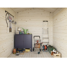 Insida trädgårdsskjul med hyllor, stege, trädgårdsredskap och sportartiklar