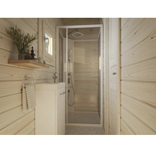 Ljust badrum med dusch, handfat och träpanel för en vänlig atmosfär.