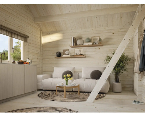 Ljus timmerstuga interiör med sittgrupp, pentry och stege till sovloftet