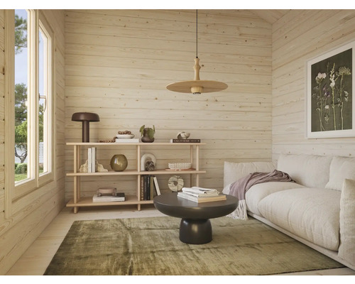 Ljus träväggsinredning med hyllor, soffa, matta och belysning